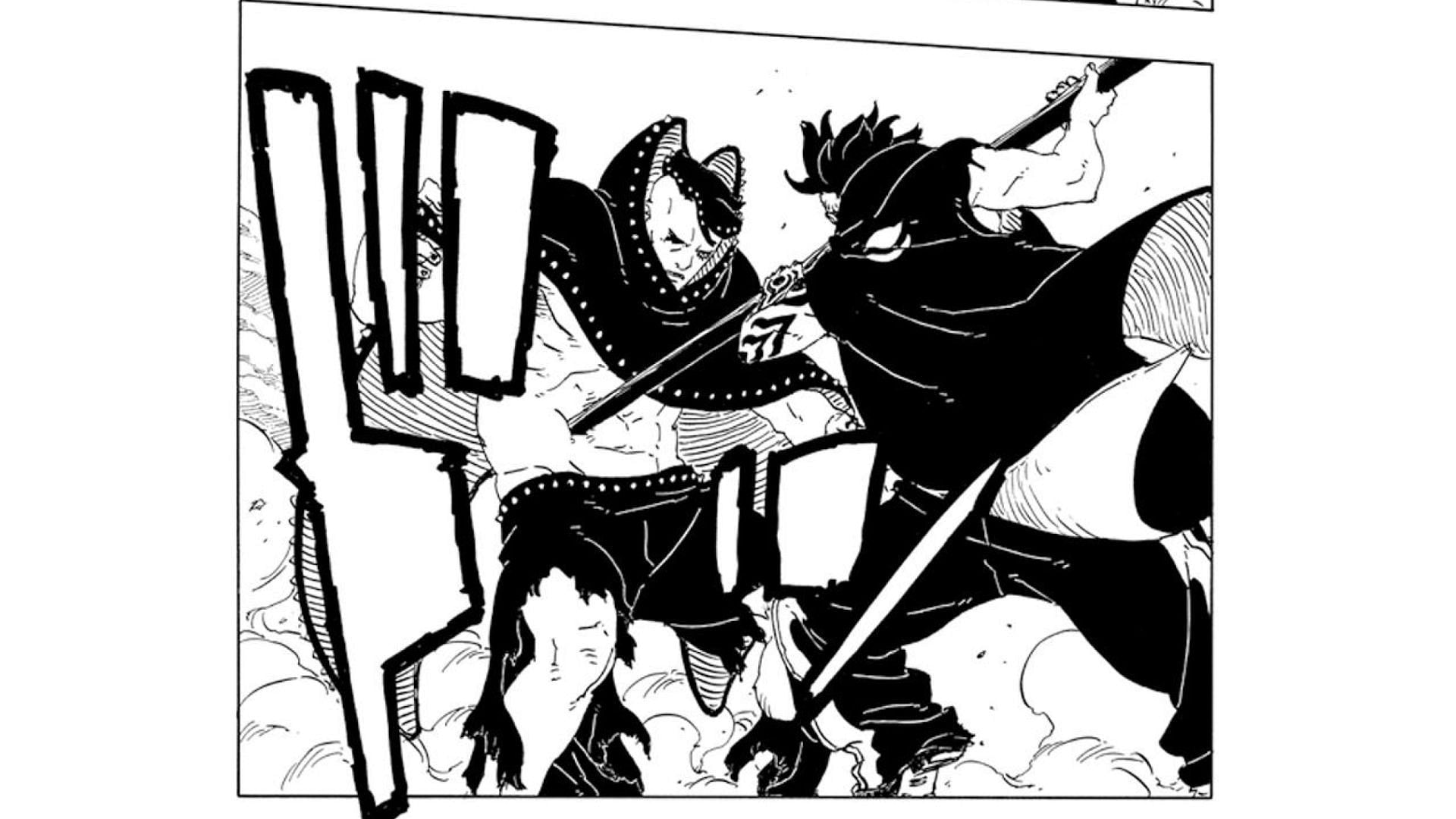 Kawaki pierces Jura's abdomen with his black rod in Boruto: Two Blue Vortex chapter 24 (Image via Shueisha)
